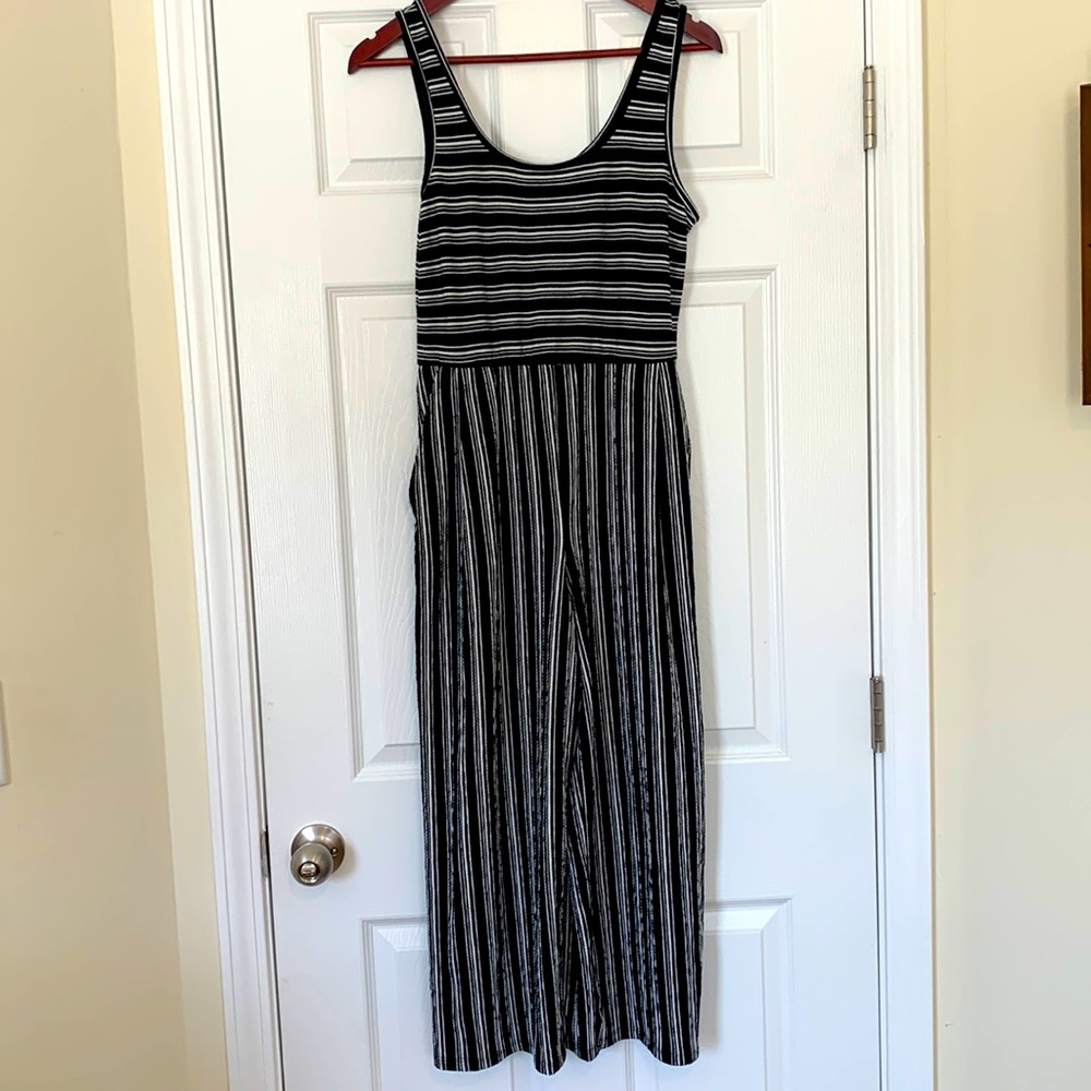 XHILARATION | Black and White Stripe Tank Ankle Cropped Jumpsuit with Pockets